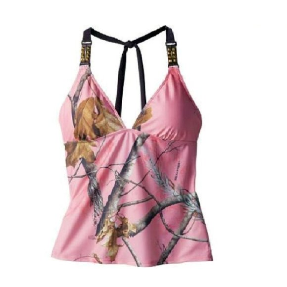 LAST ONE Pink Camo Halter Tankini Top Leather Ring Trim Realtree Girl $55 Womens - Picture 1 of 9
